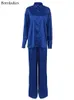 Bornladies Office Ladies Satin Blue Pantsuits Long Shirt and Pants 2 Piece Sets Women Outfits Casual Wide Legs Pants Suit 2022 T220729