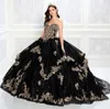 2022 Brilhando Black Ball Ball Vestido Quinceanera Vestidos Sweetheart Pescoço Lace Appliqued PROM VESTIDOS DE PRÓXIÇÕES LEQUIDADAS TREVE DE TULLE Doce 15 Vestido