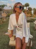 Clacive Summer Deep V-образное белое атласное платье Женщина Bodycon Half-рукав Hollow Out мини-платье дамы сексуальные шелковистые платья для вечеринок T220804