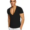 メンズのTシャツ夏のセクシーなディープヴネックTシャツローカットVneck vneck wide vee tee male tshirt短袖因果固体トップ目に見えないアンダーシャツ230206