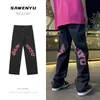 High Street Print Black Jeans Mens Y2K Straightleg Pants فضفاضة Wideleg Hiphop Style بنطلون 220718