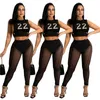 Summer Women Dwuczęściowe spodnie 2022 Odzież projektantów Seksowne drukowane topy czołowe Sheer Mesh Leggings Outfits żeńskie dresowe