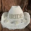 Beretten witte handgemaakte vrouwen wollen bruid cowboy hoed brede run bruids strass rhinestone western sombrero hombre fedora