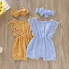Kids Designer Clothes Girls Summer Boutique Clothing Sets Baby Solid Lace Cotton Jumpsuits Headband Suits Breathable Casual Button Rompers Hairband Outfits BA802