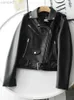 Ailegogo New Spring Women Streetwear Giacca in pelle da motociclista Slim Fit Turn Down Collar Coat Outwear con cintura Black Pu Faux Leather L220801