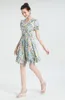 Women's Runway Dress V Neck Short Sleeves Printed Elastic Waist Ruffles High Street Designer Summer Dresses Vestidos