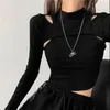 Hollow tricotada colheita tops mulheres fitness falsificador de duas peças t-shirt feminino preto branco manga longa tops 220408