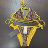 Купальники для женщин с желтым сращиванием бикини с буквенным принтом, женский купальник с ремешками, одежда для плавания для женщин