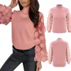 Women Sexy Solid Color Office Stitching Mesh Long Puff Sleeve Mock Neck Slim Casual Shirt L220705