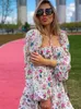 Asia Floral Dress Women Lantern Long Sleeve Ruched Print A Line Square Neck Tie up Mini Vestidos Sexy Chic Summer Beach 220418