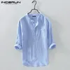 INCERUN Camicia da uomo in cotone manica 3/4 colletto alla coreana Harajuku top tinta unita camicie vintage di marca streetwear Camisa Masculina 220623