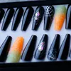 Luxury Black Coffin Spider with Crystal Handmade målning False Nails Orange Glitter Ombre French Press On Nails Gothic 220725