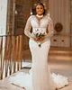 2022 Plus Size Arabic Aso Ebi Sheer Neck Mermaid Wedding Dress Long Sleeves Sexy Bridal Gowns Dresses ZJ441