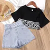 ティーンエイジャーキッズ女の子の服セットサマークロップトップTシャツデニムショーツ2PCS衣装4 6 10 12ベビー服2206​​20