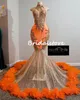 Luxury Orange Mermaid Prom Dresses For Black Girls 2022 Sparkle Sequin Evening Dress Bottom Feather Aso Ebi African Party Gowns Robe De Soirée Mariage Vestios