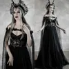 Mörk Fairytale Gothic Svart Bröllopsklänning med Kupa Korsett Bodice Fantasy A Line Brudklänningar Medeltida Vampyr Halloween Bröllopsmantel Vintage Brudklänningar