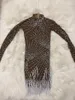 Casual Dresses Rhinestones Pearls White Fringe High Neck Mesh Dress Bar Birthday Celebrate Women Dance Outfit