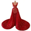 Abiti da ballo a sirena rossa Sexy scollo a V profondo senza spalline senza maniche Paillettes Appliques Perline Treno staccabile Lunghezza del pavimento Plus Size Abiti da festa formale Realizzato su misura