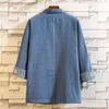 Erkekler yumuşak mavi denim kimono ceket kurbağa kapanışları nakış deseni üç çeyrek kollu Japonya tarzı stant yaka jean ceket y220803