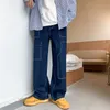 Erkekler kot mavi beyaz bülbeli cep erkekler moda rahat geniş bacak kargo sokak giyim gevşek hip hop düz denim pantolon menmenler