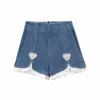 Mode denim shorts kvinnor sommar hög midja hjärtform spets sömmar söta korta byxor eleganta chic lady jeans kort 210709