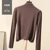秋の韓国のコットンTシャツの女性タートルネックビンテージ長袖オフィスレディTシャツ茶色のスリムシャツMujer Camisetas 220321