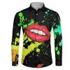 Camisas de vestido masculinas Fashion Streetwear Sexy Red Lip Printing Men Men Luxury Manga completa de camisa de outono de poliéster de poliéster's