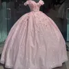 Sparkly Lilac Pink Quinceanera Dress 2022 Luxury Flower Florals Vestidos De 15 Anos Mascarade xv Robe Lavande Seize Light Blue Prom Party Robes D'anniversaire Bling