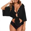 Blouses Femmes Chemises Femmes Blouse Solide Couleur Maillot De Bain Cover Up Boutonné Plage Col Tour Chemise Bikini Robe De Mode Coréenne T1