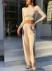 Tossy Turtle Neck Long Sleeve Slim Cropped Top And Loose Long Pants Ribbed Set Casual Fashion Sprort Set Spring Streetwear 220511