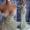 2022 Plus Size Arabic Aso Ebi Silver Mermaid Luxurious Prom Dresses Crystals Sexig Evening Formal Party Second Reception Birthday Engagement Gowns Dress ZJ406