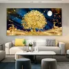 Golden Tree Rich Money Deer Moon Abstract Canvas Målningsaffischer och tryckta väggkonst Bilder för vardagsrum Heminredning Cuadros