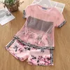 Humor Bear Girl S Set Zomer Kinderen Bow Lace Sling T -shirt Gestreepte korte broek Sets Kinderen Mouwloze kleding 220620