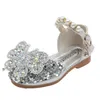 Kids Girl Sequined Bowknot Sandal Silver Pink Children Leather Shoes For Wedding Party Girls Princess Dance Shoes