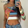 Vintage Patchwork y2k Knitted Crop Tshirt Harajuku One-shoulder Off Tops Tee Fashion Cute Top Cuteandpsycho 220407