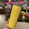 24 oz Tumblers personalizados de Starbucks con logotipo Iridescent Bling Rainbow Unicornio Cold Cup Tazas de caf￩ con paja