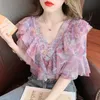 Sweet Ruffled Chiffon Shirt Womens Korean Summer Dress Design Sense Of Western Style and Thin Floral Shirt 220613