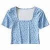 Damen-T-Shirt, sexy Blumen-Crop-Tops, quadratischer Ausschnitt, kurzärmelig, Boho-T-Shirt, figurbetonte Bluse, dehnbar, für den Alltag, zum Date-Shopping