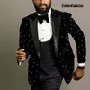 Svartvita polka prickar sammet män kostym homme brudgum tuxedos bröllop smal fit party blazer landuxiu 220504