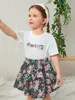 Ensemble t-shirt graphique et jupe florale pour petites filles, SHE