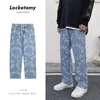 Mens Jacquard Wide Leg Denim Pant Characteristic Letters Pattern Jeans Straight Design Male Oversize Hip Hop Neutral Trousers