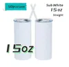 US Warehouse !!! 15oz Sublimacja Prosto Tumbler DIY Pusty Kumberle ze stali nierdzewnej z pokrywką i słomy Skinny Cup Travel Butelka wody