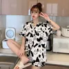 Mode cartoon print pyjama sets zijde reliëf pyjama's koreaanse stijl schattige losse korte mouw nachthemd comfort tweedelige pak 220329