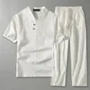 Erkekler Giyim Büyük Boyut Terzi Kocası Yaz Takım Keten T Shirt Moda Erkek Set Çin Stili 8xl 9xl Plus İki Parça 220621GX