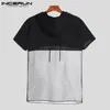 INCERUN Fashion Men T Shirt Hooded Mesh Patchwork See Through Pullovers Short Sleeve Streetwear Sexy Casual Men Clothing 7 D220611