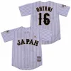 Özel Beyzbol # 16 Shohei Otani # 11 Hokkaido Nippon-Ham Fighters Formalar Sarı Mavi Beyaz Çizgili Japonya Samuray Beyzbol Üniformaları Siyah