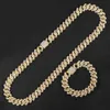 الهيب هوب مثلج خارج 15mm الكوبي سلسلة قلادة سوار مجموعة حجر الراين الذهب والفضة اللون القلائد للرجال مجوهرات