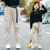 Fashion Cargo Pants for Teen Girls Cool Trousers With Belt Loose Style Kids Cotton Sport Running Pants For Teens Girl 5-14 Years 220512