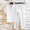 Zomerse heren Casual Pure Color Cotton en Linnen Tweede stuk set korte mouw T -shirt groot formaat negen broek M 5xl 220617