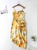Kadınlar Vintage Sarı Kravat Boya Çiçek Baskı Spagetti Kayışı Elbise Hem Ince Bel Yarık Düzensiz Uzun Elbiseler Sling Vestido Y220401